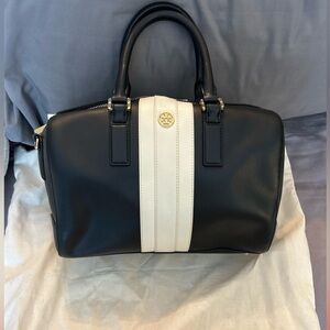 Tory Burch Black Leather Duffel with White Center Stripe